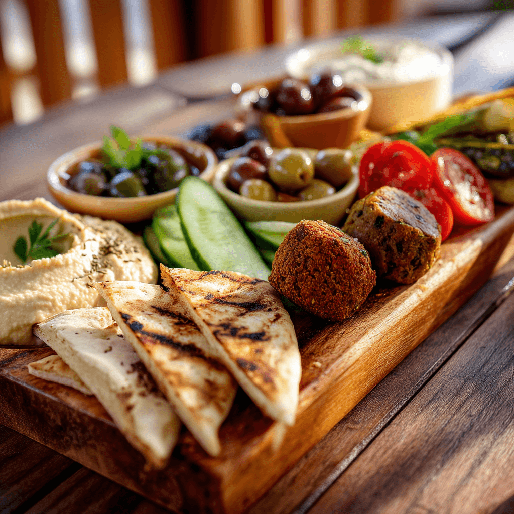 Mediterranean mezze platter with dips, vegetables, and pita wedges